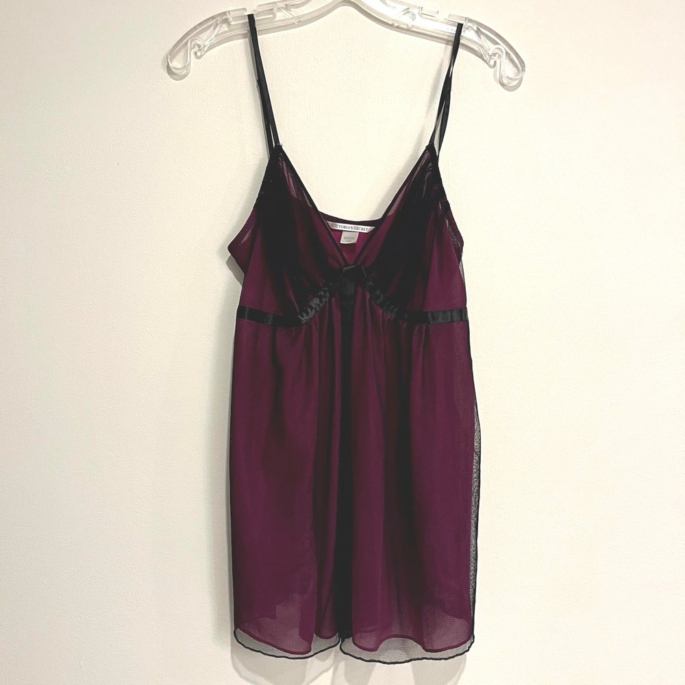 Victoria's Secret Babydoll Chemise Pink Black Mesh Satin Trim Lingerie Large